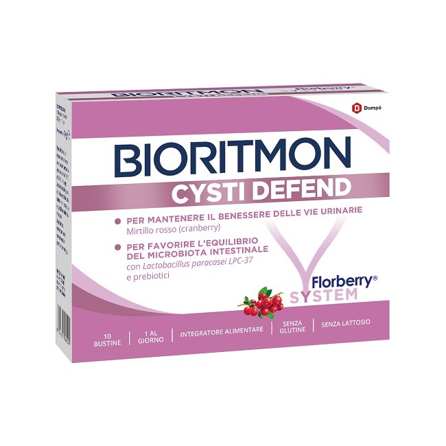 Confezione da 10 buste di Bioritmon Cysti Defend integratore per il benessere delle vie urinarie.