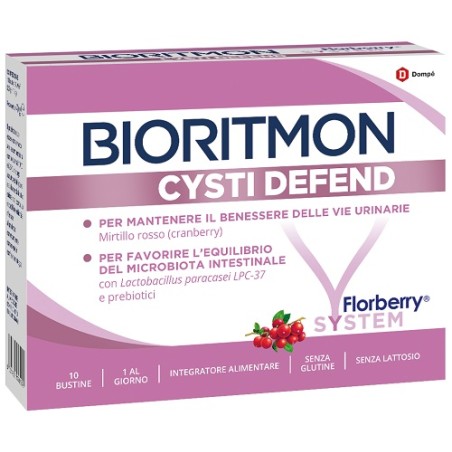 Confezione da 10 buste di Bioritmon Cysti Defend integratore per il benessere delle vie urinarie.