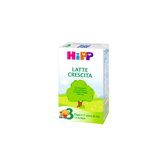 Confezione da 500 grammi di Hipp 3, latte di crescita per bambini da 1 a 3 anni. Confezione da 500 grammi di Hipp 3, latte di crescita per bambini da 1 a 3 anni.