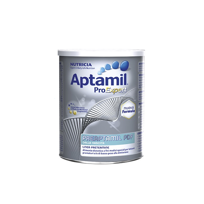 Barattolo da 400 grammi di PreAptamil PDF, latte in polvere per neonati prematuri. Barattolo da 400 grammi di PreAptamil PDF, latte in polvere per neonati prematuri.