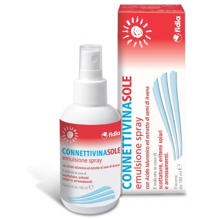 Flacone da 100 ml di Connettivina Sole Spray idratante e riparatore per pelle irritata dal sole. Flacone da 100 ml di Connettivina Sole Spray idratante e riparatore per pelle irritata dal sole.