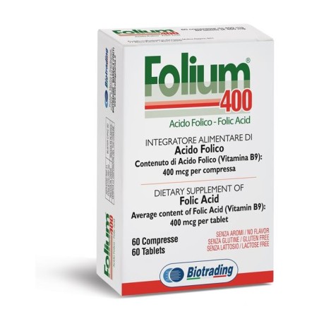 Confezione da 60 compresse di Folium 400, integratore per l'emopoiesi e il metabolismo dell'omocisteina. Confezione da 60 compresse di Folium 400, integratore per l'emopoiesi e il metabolismo dell'omocisteina.