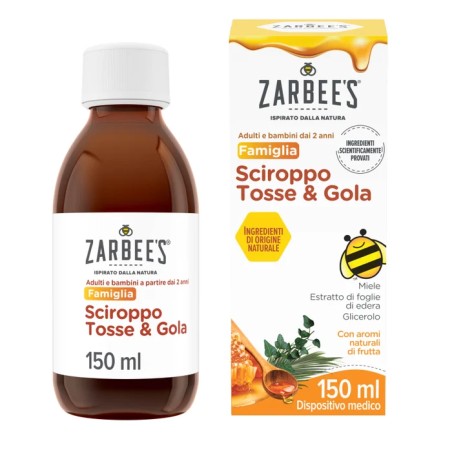 Flacone da 150 ml di Zarbee's Famiglia, sciroppo con miele per tosse mista e gola irritata.