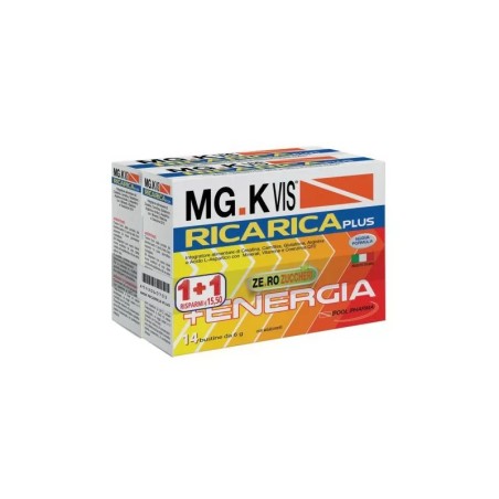 Confezione 14 +14 bustine di MGK VIs Plus, integratore per stanchezza e fatica.