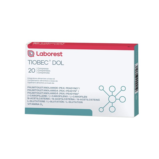 Confezione da 20 compresse di Tiobec Dol, integratore antiossidante per ossa e difese immunitarie. Confezione da 20 compresse di Tiobec Dol, integratore antiossidante per ossa e difese immunitarie.