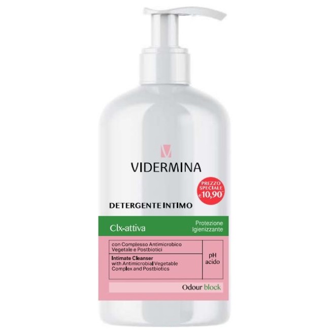 Flacone da 500 ml di Vidermina Clx Detergente Intimo Igienizzante Antimicrobico.