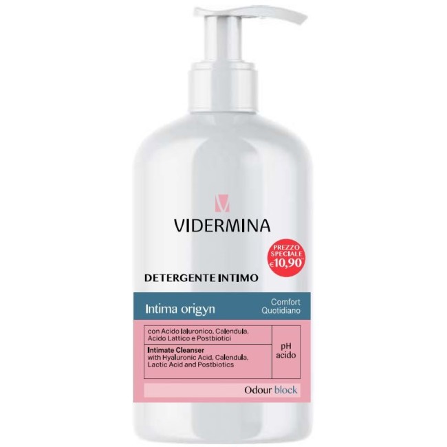 Flacone da 500 ml di Vidermina Intima Detergente Intimo Quotidiano. Flacone da 500 ml di Vidermina Intima Detergente Intimo Quotidiano.