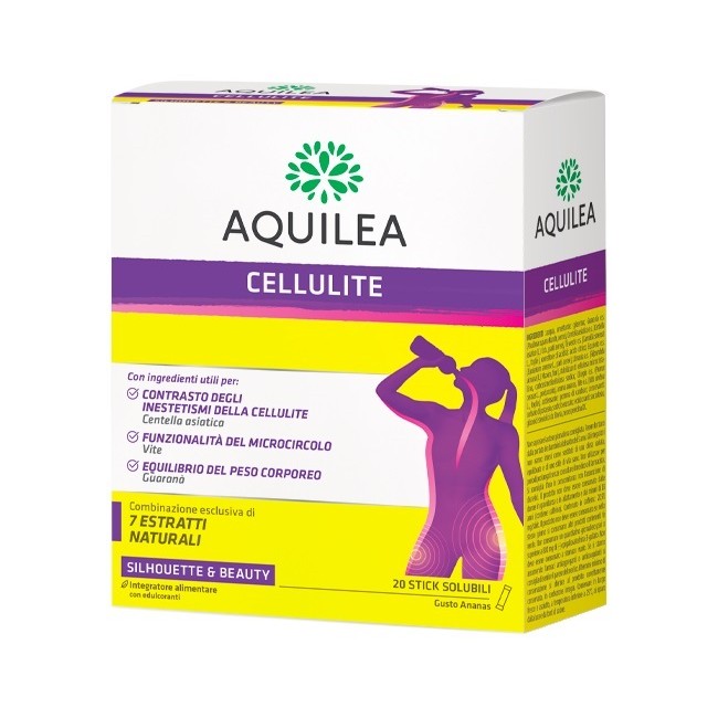 Confezione da 20 stick orosolubili di Aquilea Cellulite, integratore contro gli inestetismi della cellulite. Confezione da 20 stick orosolubili di Aquilea Cellulite, integratore contro gli inestetismi della cellulite.