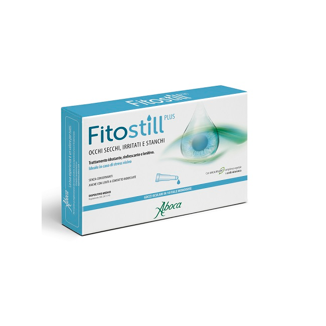 Confezione contenente 10 flaconcini da 0,5 ml di Fitostill Plus, collirio per occhi stanchi e irritati.