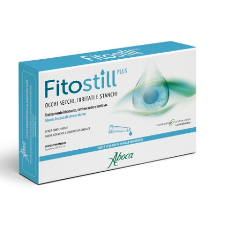 Confezione contenente 10 flaconcini da 0,5 ml di Fitostill Plus, collirio per occhi stanchi e irritati.