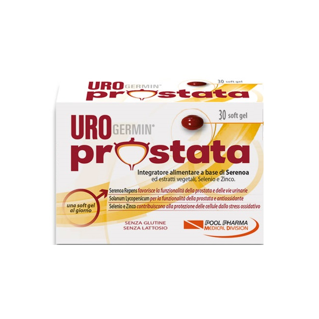 Confezione da 30 cpsule di PoolPharma Urogermin prostata, integratore per la funzionalità di prostata e vie urinarie.