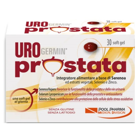 Confezione da 30 cpsule di PoolPharma Urogermin prostata, integratore per la funzionalità di prostata e vie urinarie.