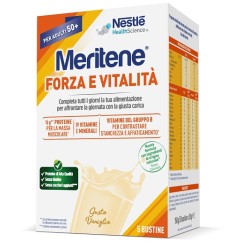 Confezione contenente 5 bustine da 30 g di Meritene Forza e Vitalità, alimento speciale per energia e benessere.