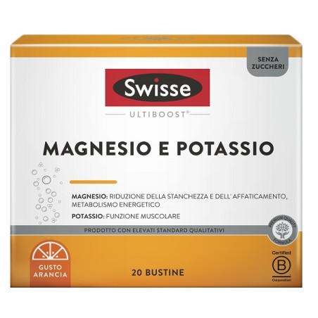 Confezione da 20bustine di Swisse Magnesio e Potassio, integratore per energia e vitalità.