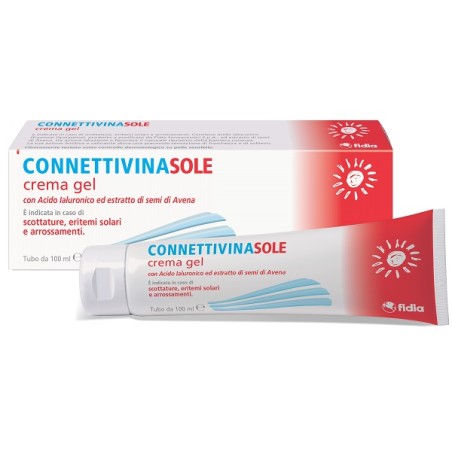 Tubo da 100 ml di Connettivina Sole, crema gel lenitiva per arrossamenti e scottature. Tubo da 100 ml di Connettivina Sole, crema gel lenitiva per arrossamenti e scottature.