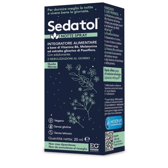 Flacone spray da 20 ml di Sedatol Notte Spray, integratore per sonno e rilassamento. Flacone spray da 20 ml di Sedatol Notte Spray, integratore per sonno e rilassamento.