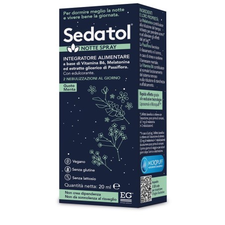 Flacone spray da 20 ml di Sedatol Notte Spray, integratore per sonno e rilassamento. Flacone spray da 20 ml di Sedatol Notte Spray, integratore per sonno e rilassamento.