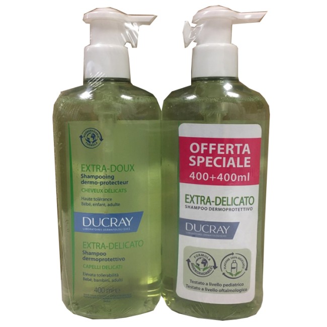 Confezione bipacco 2x400 ml di Ducray Extra Delicato Shampoo Dermoprotettivo.