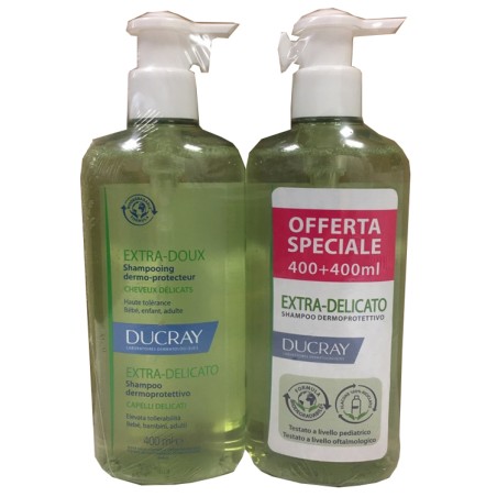 Confezione bipacco 2x400 ml di Ducray Extra Delicato Shampoo Dermoprotettivo.