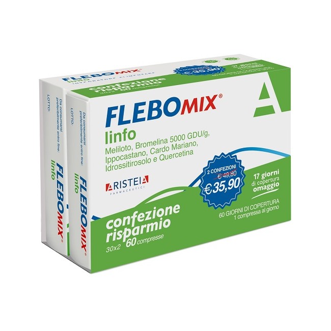 Confezione da 60 compresse di Flebomix Linfo Bipack, integratore per gambe pesanti e insufficienza venosa. Confezione da 60 compresse di Flebomix Linfo Bipack, integratore per gambe pesanti e insufficienza venosa.