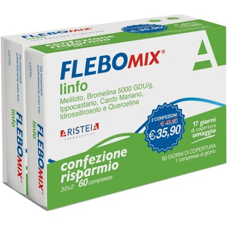 Confezione da 60 compresse di Flebomix Linfo Bipack, integratore per gambe pesanti e insufficienza venosa. Confezione da 60 compresse di Flebomix Linfo Bipack, integratore per gambe pesanti e insufficienza venosa.