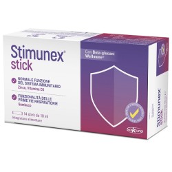Confezione da 14 stick di Stimunex Stick, integratore per il sistema immunitario e le vie respiratorie.