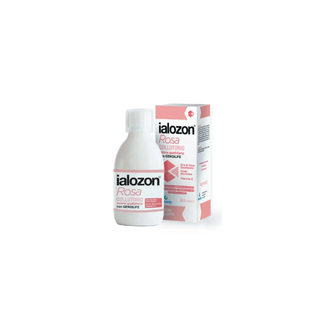 Flacone da 300 ml di ialozon Rosa, collutorio per la protezione di denti e gengive.