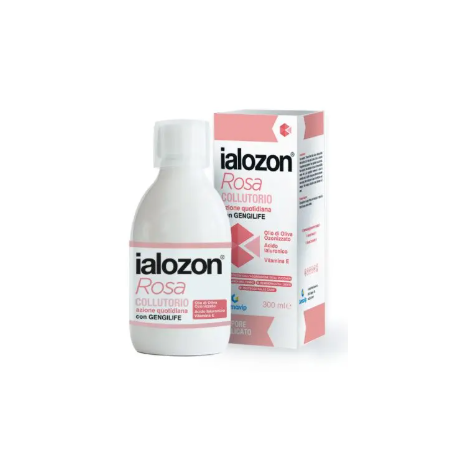 Flacone da 300 ml di ialozon Rosa, collutorio per la protezione di denti e gengive.