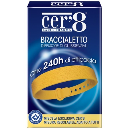 Confezione contenente un Cer'8 braccialetto diffusore per protezione dalle zanzare. Confezione contenente un Cer'8 braccialetto diffusore per protezione dalle zanzare.