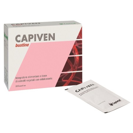 Confezione da 20 bustine di Capiven, integratore per microcircolo e circolazione venosa.