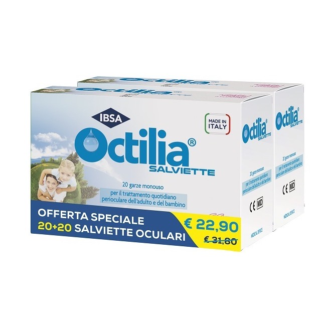 Confezione bipack 20 +20 di Octilia salviette, garze per la pulizia degli occhi di adulti e bambini. Confezione bipack 20 +20 di Octilia salviette, garze per la pulizia degli occhi di adulti e bambini.