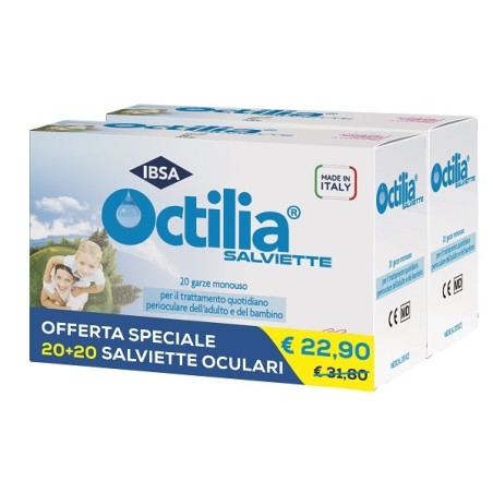 Confezione bipack 20 +20 di Octilia salviette, garze per la pulizia degli occhi di adulti e bambini. Confezione bipack 20 +20 di Octilia salviette, garze per la pulizia degli occhi di adulti e bambini.