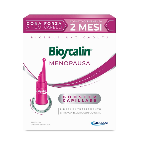 Confezione da 16 fiale di Bioscalin Menopausa, trattamento rinforzante e anticaduta per capelli. Confezione da 16 fiale di Bioscalin Menopausa, trattamento rinforzante e anticaduta per capelli.