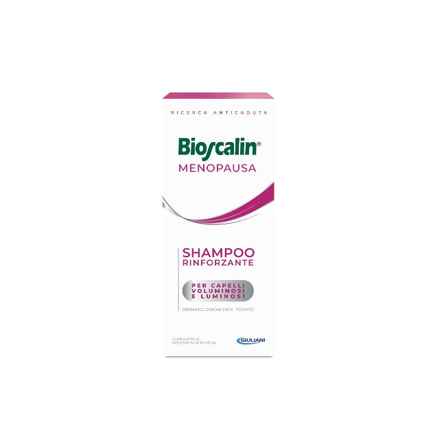Flacone da 200 ml di Bioscalin Menopausa Shampoo Rinforzante per capelli deboli e sottili. Flacone da 200 ml di Bioscalin Menopausa Shampoo Rinforzante per capelli deboli e sottili.