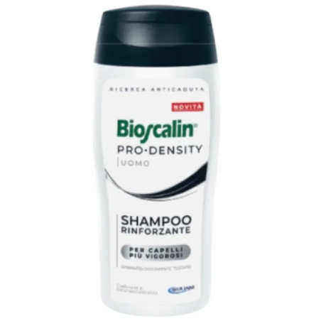 Flacone da 200 ml di Bioscalin Pro Density Uomo, shampoo rinforzante per fermare la perdita dei capelli.