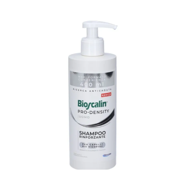 Flacone da 400 ml di Bioscalin Pro Density Uomo, shampoo rinforzante per contrastare la caduta dei capelli.