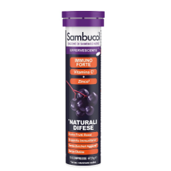 Confezione da 15 compresse di Sambucol Immuno Forte, integratore di vitamina C e zinco per le difese immunitarie.