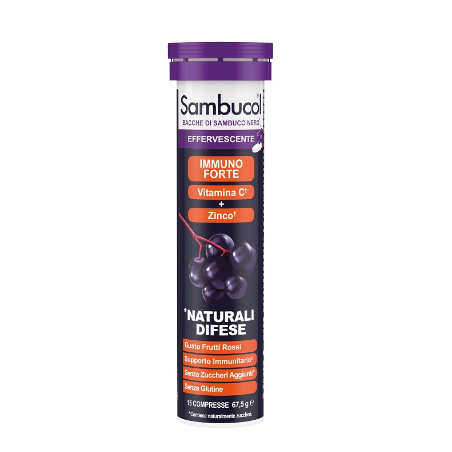Confezione da 15 compresse di Sambucol Immuno Forte, integratore di vitamina C e zinco per le difese immunitarie.