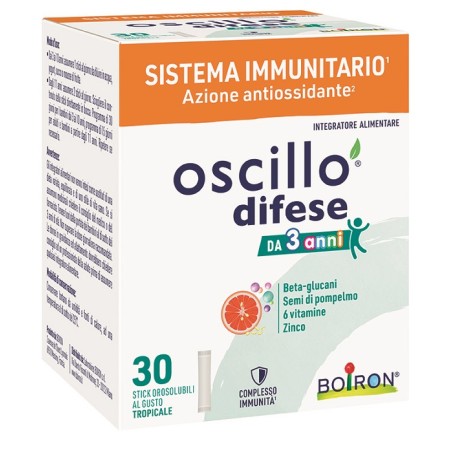 Confezione da 30 stick orosolubili di Boiron Oscillo Difese Dai 3 Anni, integratore per il sistema immunitario dei bambini. Confezione da 30 stick orosolubili di Boiron Oscillo Difese Dai 3 Anni, integratore per il sistema immunitario dei bambini.