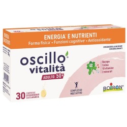 Confezione da 30 compresse effervescenti di Boiron Oscillo Vitalità Adulto 50+, integratore energizzante e antiossidante.