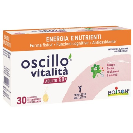 Confezione da 30 compresse effervescenti di Boiron Oscillo Vitalità Adulto 50+, integratore energizzante e antiossidante. Confezione da 30 compresse effervescenti di Boiron Oscillo Vitalità Adulto 50+, integratore energizzante e antiossidante.