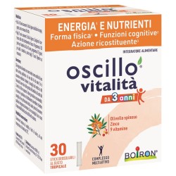Confezione da 30 stick orosolubili di Boiron Oscillo Vitalità, integratore energizzante per adulti e bambini dai 3 anni.