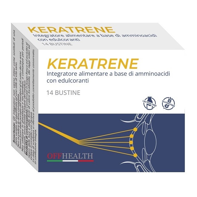 Confezione da 14 bustine di Keratrene, integratore per benessere muscolare e recupero fisico.