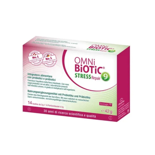 Confezione da 14 bustine di Omni-Biotic Stress Repair, integratore per il benessere dell'intestino. Confezione da 14 bustine di Omni-Biotic Stress Repair, integratore per il benessere dell'intestino.