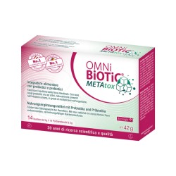 Confezione da 14 bustine di Omni-Biotic METAtox, integratore per la salute intestinale e metabolica.