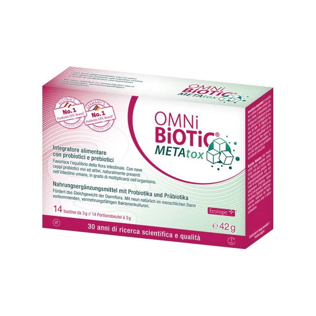 Confezione da 14 bustine di Omni-Biotic METAtox, integratore per la salute intestinale e metabolica. Confezione da 14 bustine di Omni-Biotic METAtox, integratore per la salute intestinale e metabolica.