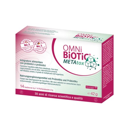 Confezione da 14 bustine di Omni-Biotic METAtox, integratore per la salute intestinale e metabolica. Confezione da 14 bustine di Omni-Biotic METAtox, integratore per la salute intestinale e metabolica.