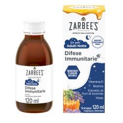 Flacone da 120 ml di Zarbee's Adulti Sciroppo Notte, utile per le difese immunitarie e il riposo notturno.