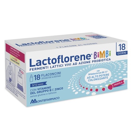 Confezione da 18 flaconcini di Lactoflorene Plus Bimbi, integratore di fermenti lattici per bambini.