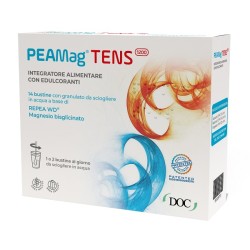 Confezione da 14 bustine di Peamag Tens, integratore per dolori e tensioni muscolari.